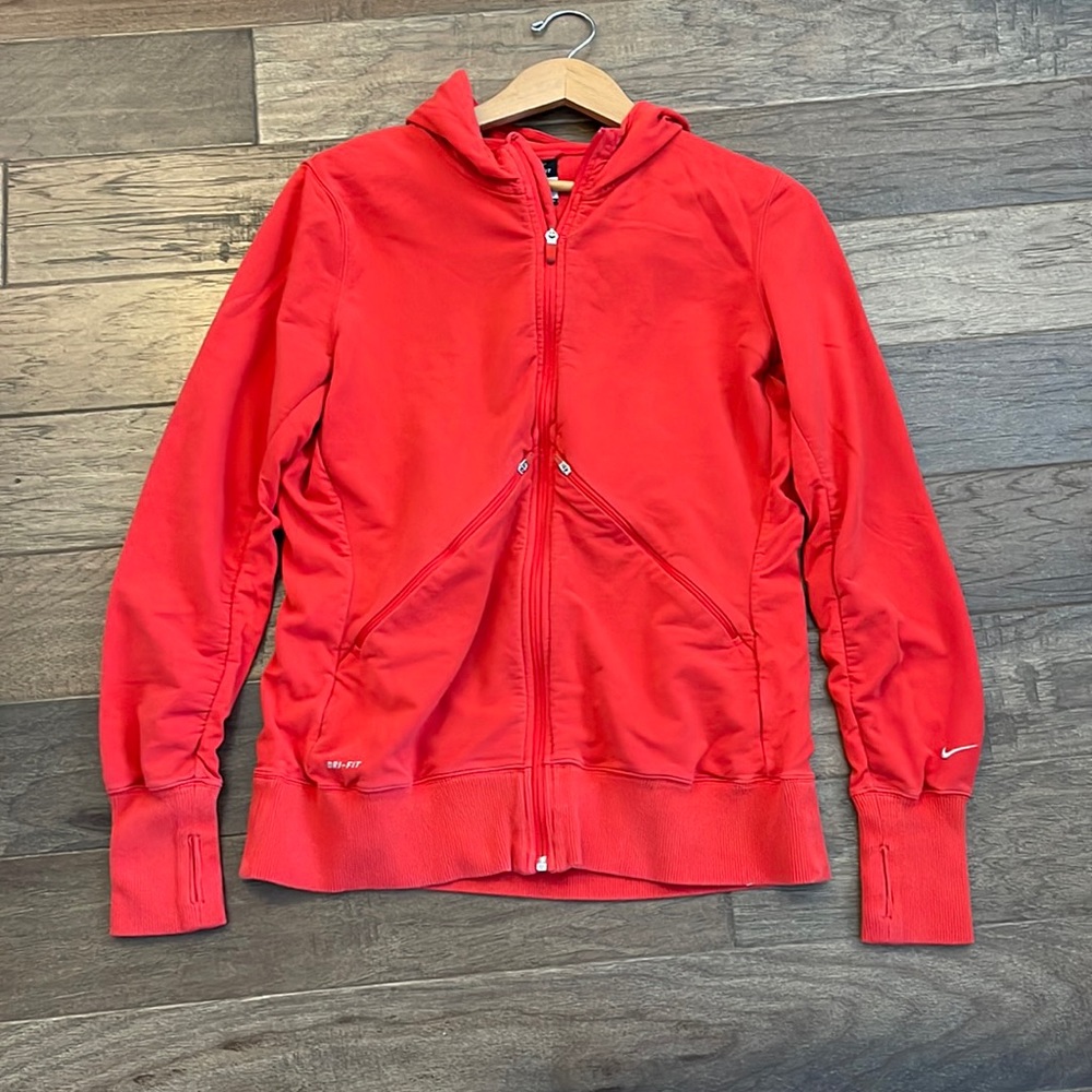 Nike Dri-FIT Women’s XL Red Orange Full Zip Running Hooded Jacket Thumbholes
